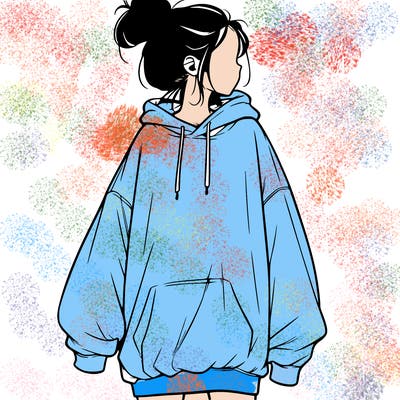 realistic girl with a oversized sweatshirt on and a bun
