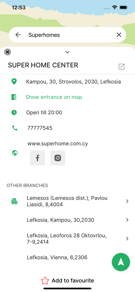 NaviCY - NaviCY app screen showing detailed business information and location for a store in Cyprus.