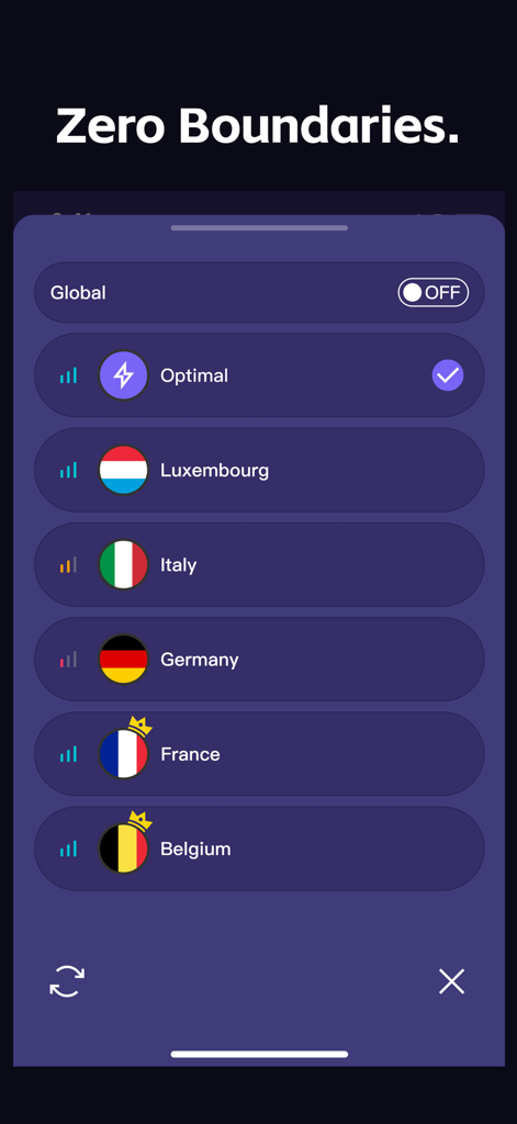 JumperVPN - Fast & Secure VPN - JumperVPN interface showing a list of global server locations and optimal connection settings