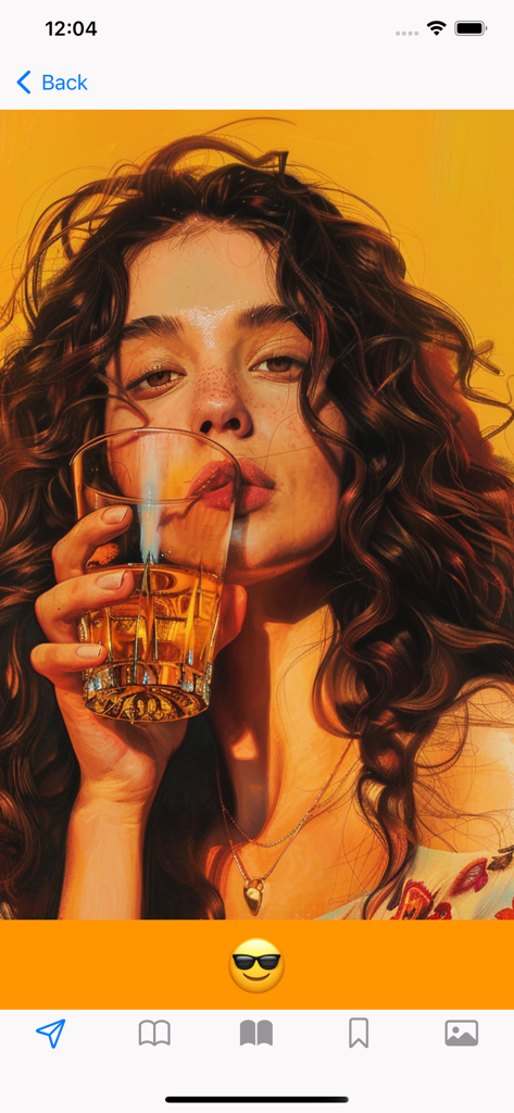 Retrato estilizado de uma mulher segurando uma taça de líquido âmbar em um aplicativo de informações de bebidas