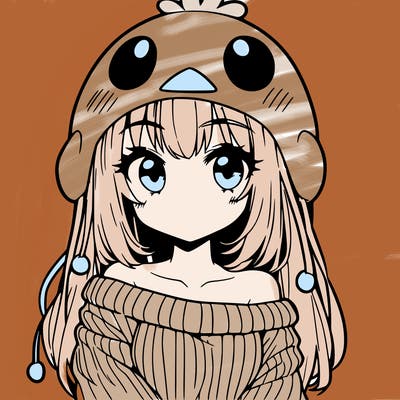 anime girl with chick shaped hat with sweater with bare shoulders with bangs covering them one eye with low tail