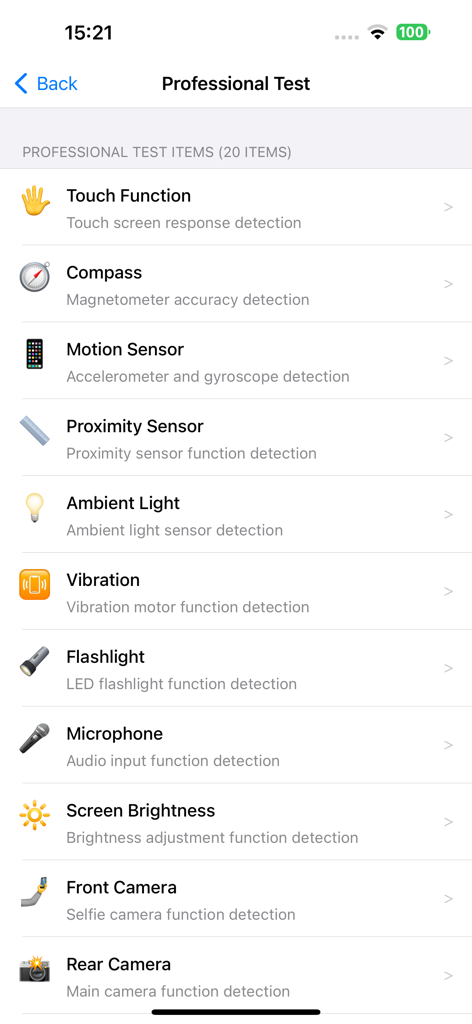 Phone Diagnostics Expert - List of professional hardware diagnostic test items including sensors and cameras