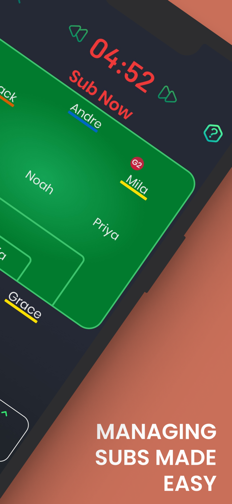 SubNow: Player Rotation Timer - SubNow app screen showing a player rotation field and a countdown timer for substitutions