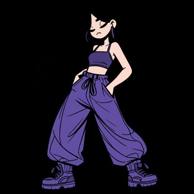 girl in baggy pants crop top and long hair