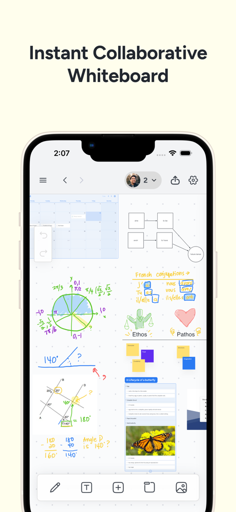 Instaboard: Whiteboard & Plan - Instaboard mobile app interface showing a collaborative infinite whiteboard with sketches, diagrams, and a calendar