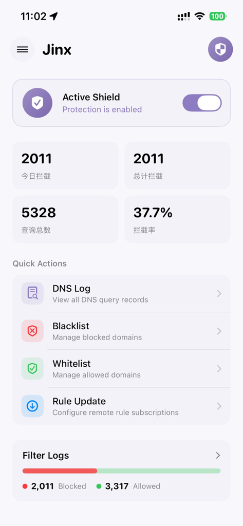 Jinx – Ad Block & Privacy DNS - Jinx app dashboard showing Active Shield enabled and ad blocking statistics