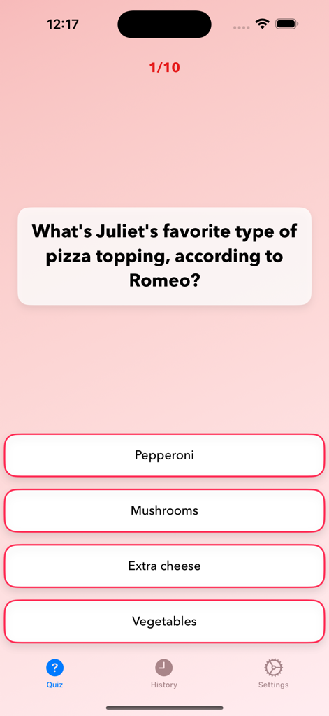MyLove Liebestester App Quizbildschirm zeigt eine Beziehungsfrage über Lieblingspizzabeläge.