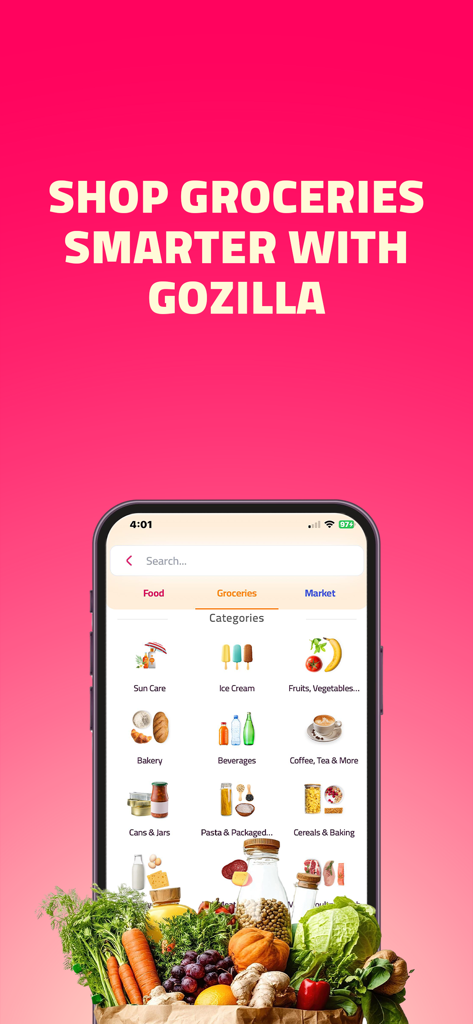 Gozilla - Delivery App - Gozilla mobile app interface showing various grocery categories like fruits, vegetables, and bakery items on a pink background.
