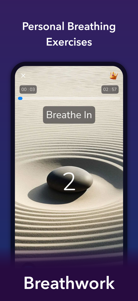 A screenshot showing guided breathing exercises in the Kismet app with a calming zen garden background