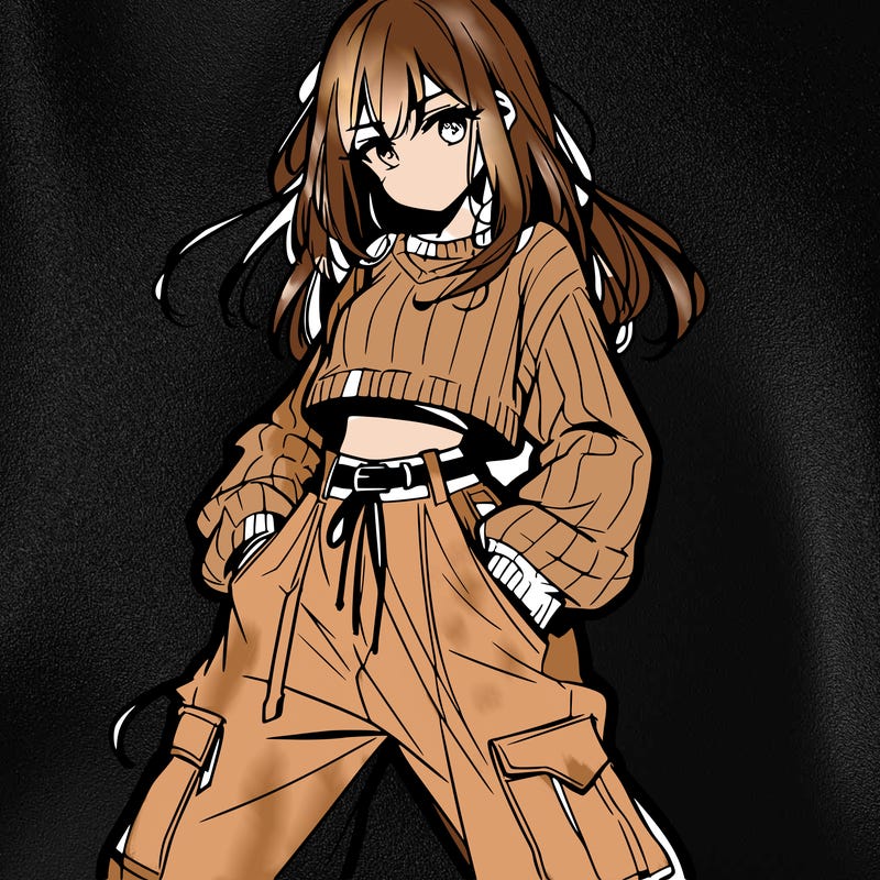 anime teen girl with baggy pants and crop top with sweater