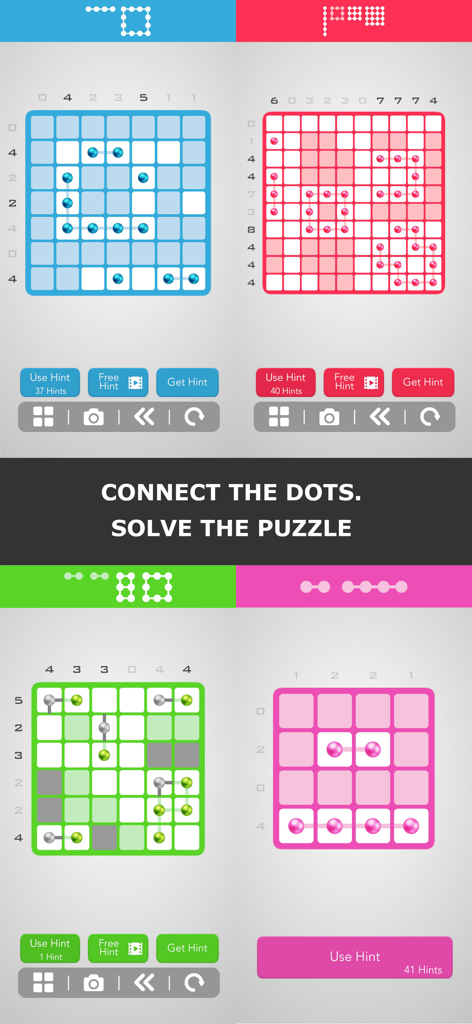 Logic Dots 2 - A collage showing four different colored logic grid puzzles from the Logic Dots 2 mobile game with the text Connect the dots solve the puzzle.