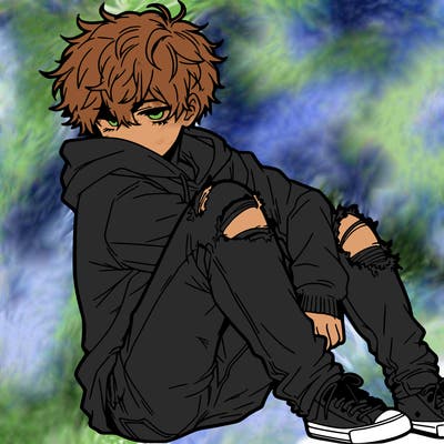 a male hoddie ripped jeans messy hair anime