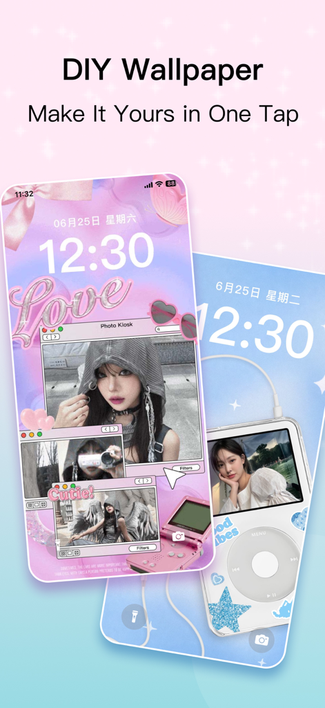 PixPaper-Wallpapers & Widgets - 사진 콜라주와 복고풍 스티커를 특징으로 하는 미적 DIY 아이폰 배경화면 디자인 전시