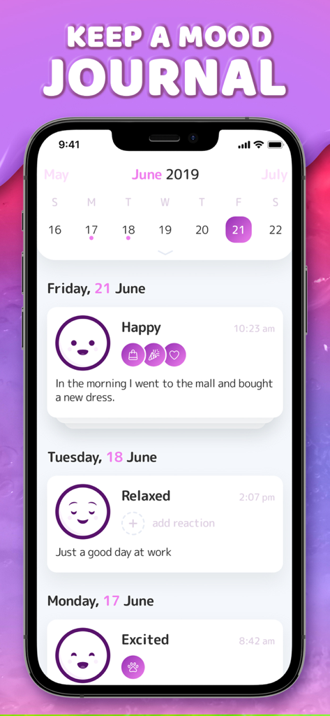 Mood Balance:Self Care Tracker - Die Mood Balance App-Oberfläche zeigt ein tägliches Stimmungstagebuch mit Kalender und emotionalen Einträgen.