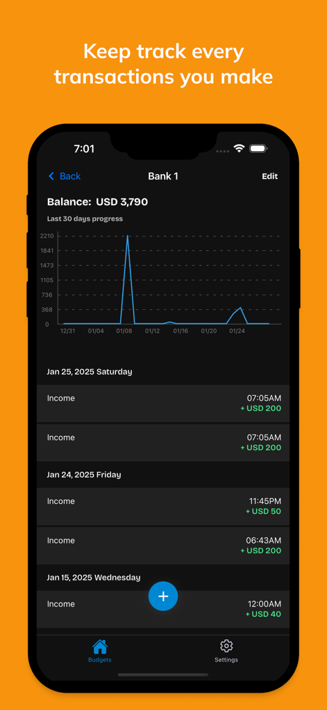 Interfaccia dell'app FreeBudget che mostra saldo del conto e recenti transazioni in entrata con un grafico di avanzamento.