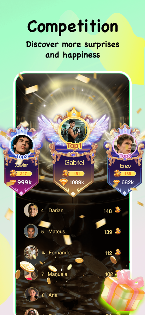 Lado-App-Bestenlistenbildschirm mit den Top-Ranglisten-Nutzern Gabriel, Xavier und Enzo mit Geschenkpunkten und Wettbewerbs-Ranglisten.