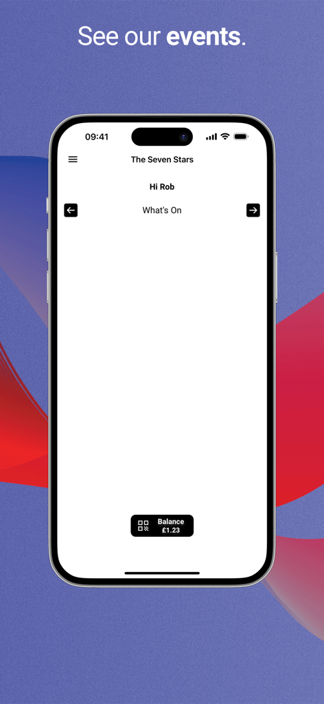 The Seven Stars - The Seven Stars app interface showing the Whats On events section and user reward balance.