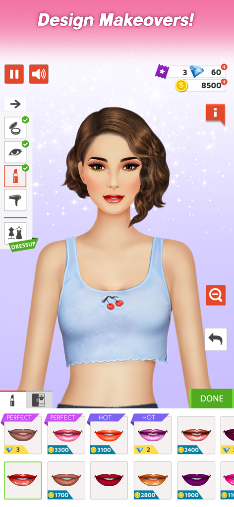 Pantalla de personalización de personajes en Dress Up Stylist que muestra varias opciones de lápiz labial y una interfaz de diseño de cambio de imagen.