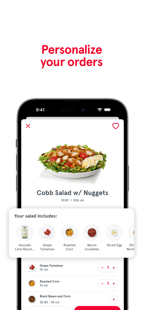 Chick-fil-A app interface showing how to customize a salad order