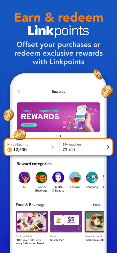 FairPrice Group app rewards page displaying Linkpoints balance and shopping vouchers