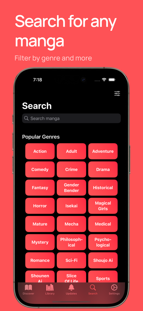 Kuro Manga Reader app search screen displaying popular genres like action and fantasy.