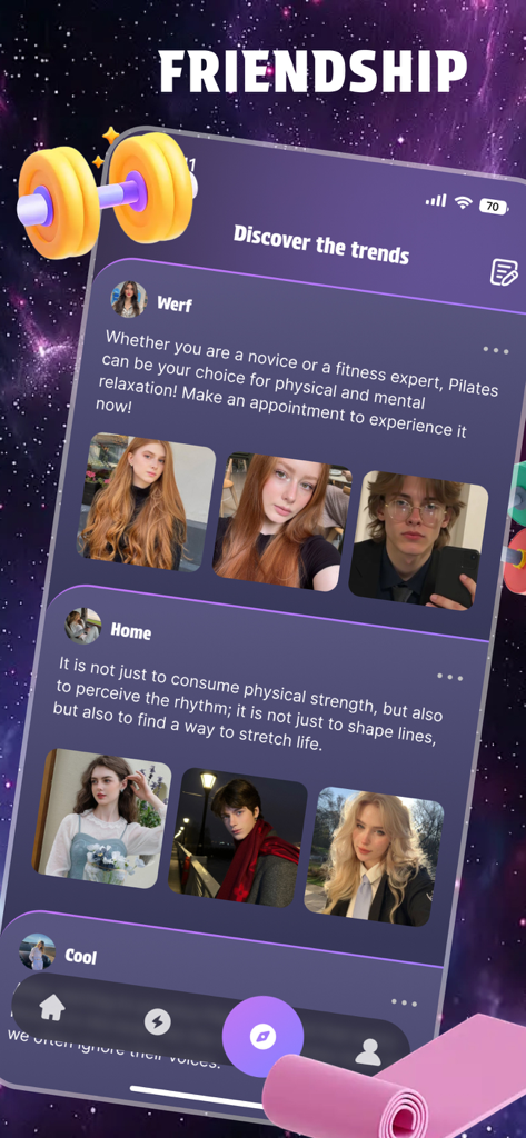 A social feed screen in the Chime app featuring user posts about pilates and wellness with a galaxy background