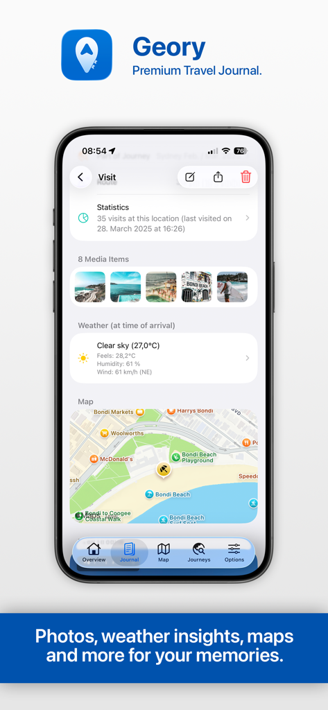 Interface of Geory travel journal showing visit statistics photos weather and location map