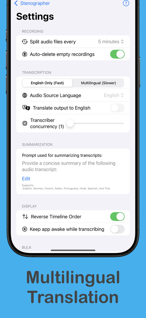 Stenographer - Der Einstellungsbildschirm der Stenograf-App, der Optionen für mehrsprachige Transkriptionsübersetzung und Zusammenfassungsaufforderungen zeigt