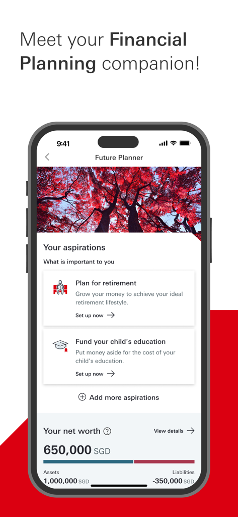 HSBC Singapore - HSBC Singapore app screen for financial planning showing net worth and savings goals for retirement and education.