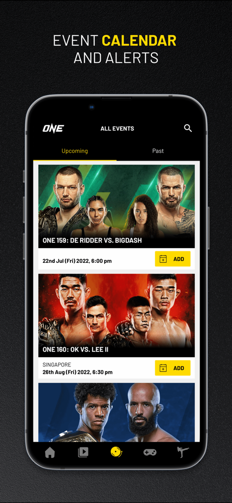 The ONE Championship mobile app displaying an upcoming event calendar and fight schedules.