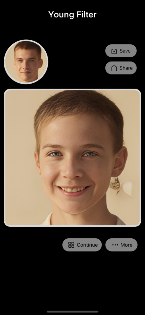 AI Face Magic - Your Bald Head - A man's photo transformed with a youth filter in the AI Face Magic app interface.