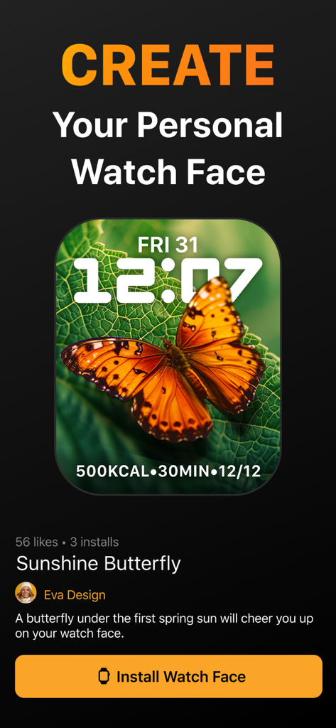 Screenshot dell'app Watch Faces che mostra un quadrante di farfalla personalizzabile con dati sanitari