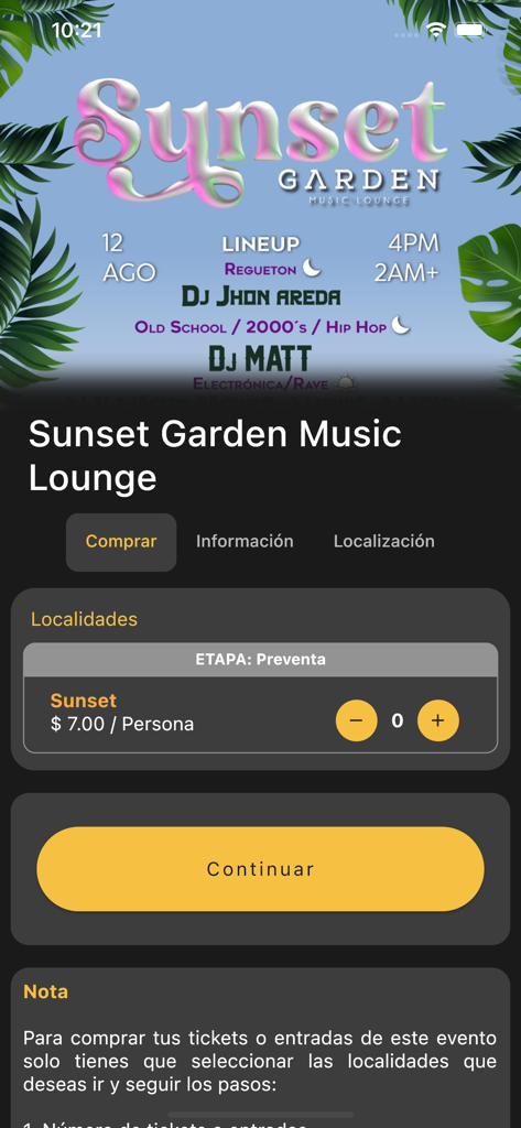 Bee App Ecuador - Interface for booking event tickets at Sunset Garden Music Lounge on the Bee App Ecuador
