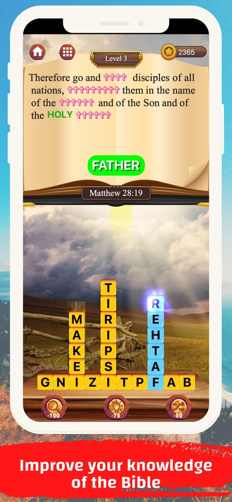 Bible Verse Word Puzzle - Bible Verse Word Puzzle mobile game screen showing a word search to complete a verse from Matthew