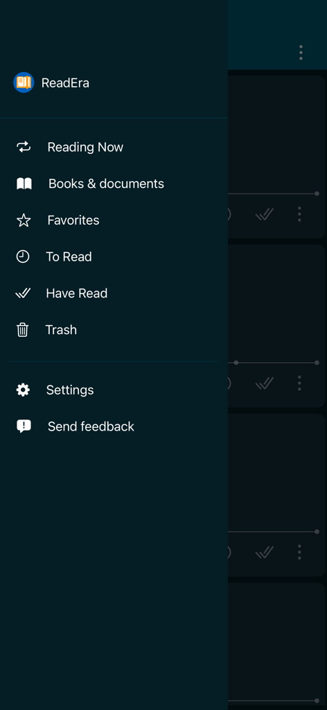 ReadEra Seitennavigationsmenü mit Bibliotheks- und Buchlisten