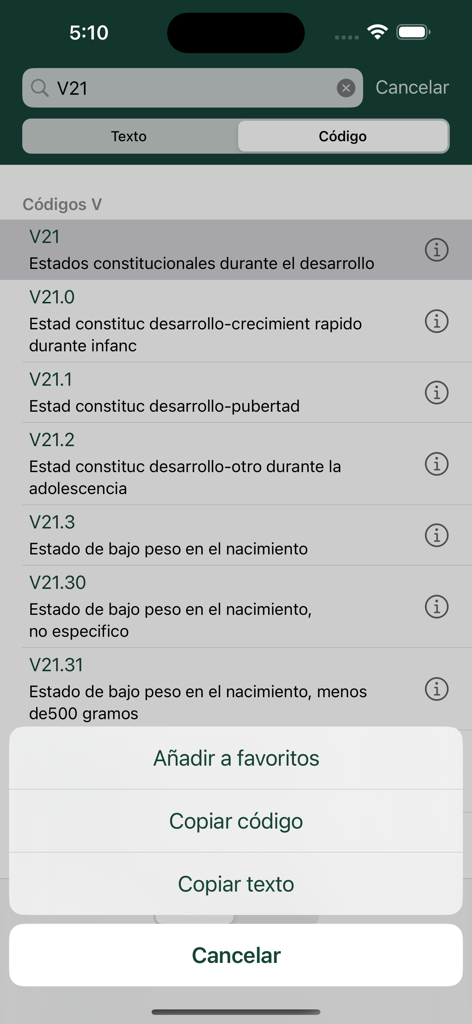 Search results for ICD 9 code V21 in the CIE 9 MC medical app showing descriptions in Spanish and code management options