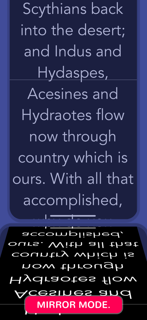 Teleprompter Easy Prof Hornet - Teleprompter app screen showing mirrored text for use with professional glass rigs.