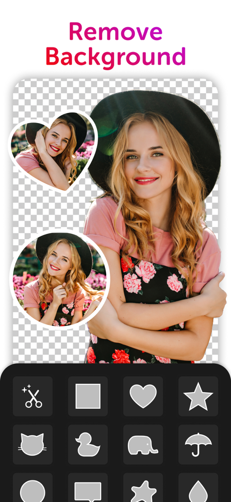 背景の削除とカスタム写真の切り抜きを表示するCollagePlusアプリのユーザーインターフェイス