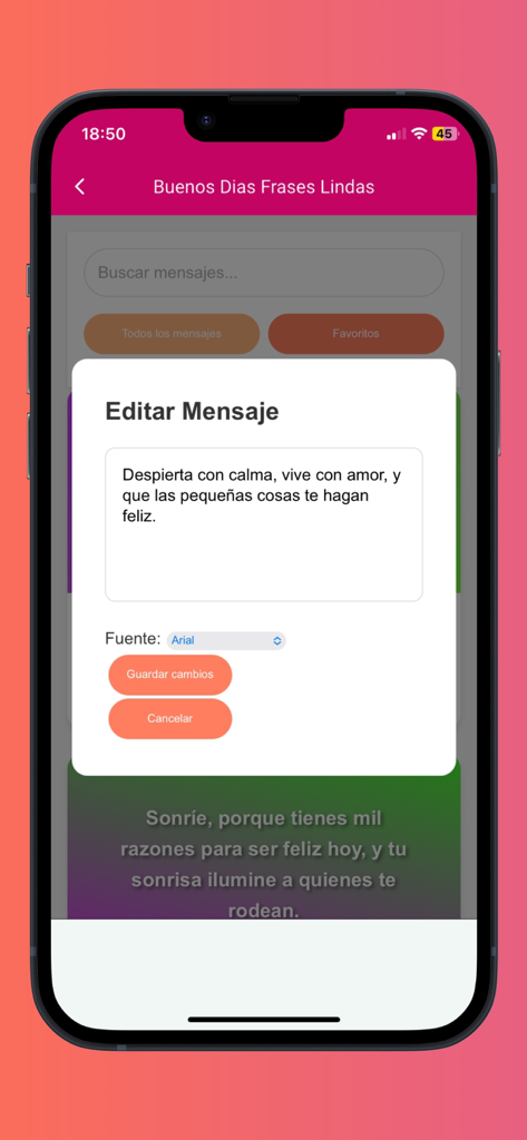 buenos días y buenas noches. - Interfaz de app móvil mostrando la función de creador de citas donde un usuario puede editar un mensaje de buenos días en español.