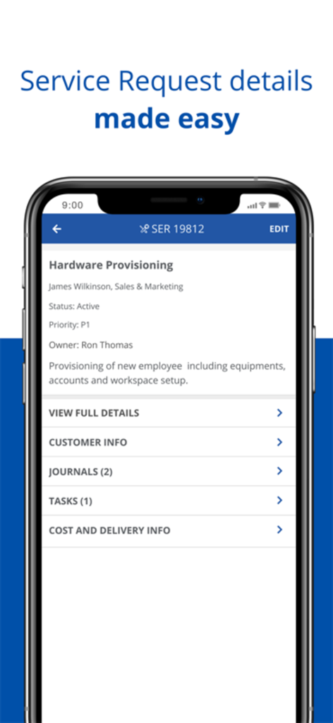 Ivanti Neurons for ITSM & ITAM - Interfaz móvil de Ivanti Neurons que muestra los detalles de una solicitud de servicio de aprovisionamiento de hardware