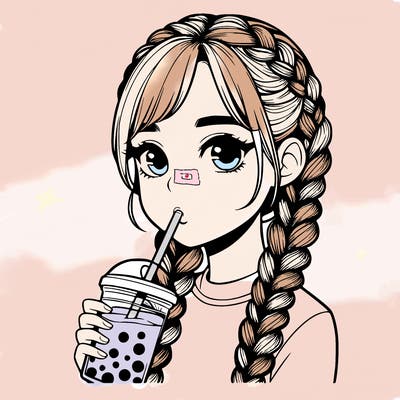 realistic girl with braided hair drinking boba