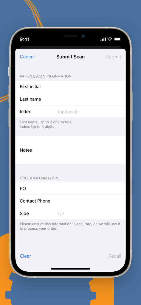 Fabtech CAD - Submit Scan screen in Fabtech CAD app showing patient and order information fields