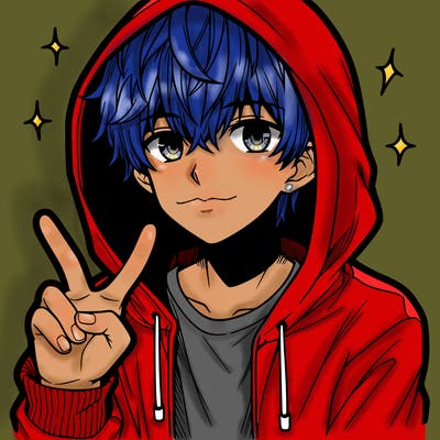 teenage manga boy in a hoodie, doing ✌