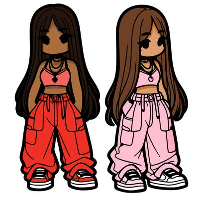 girl in baggy pants crop top and long hair