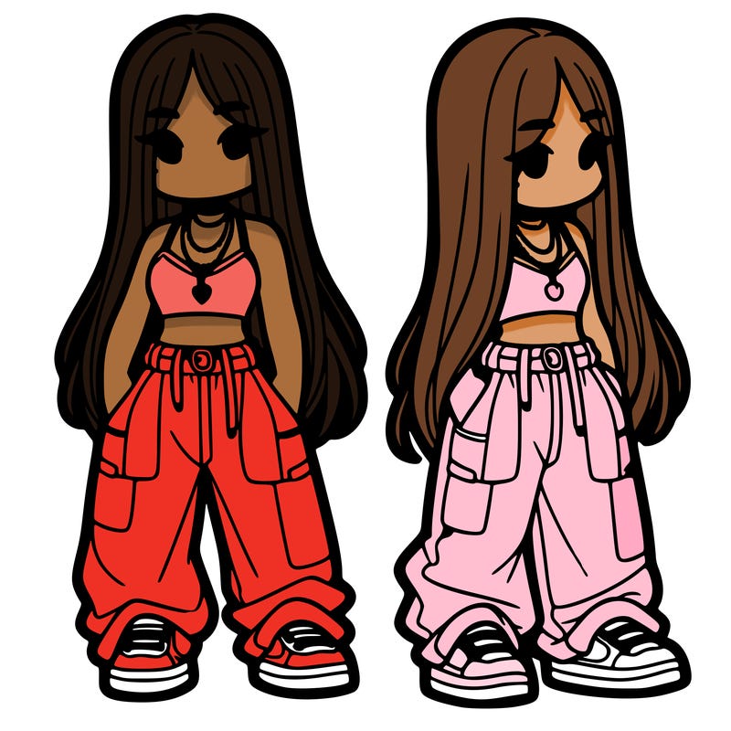 girl in baggy pants crop top and long hair