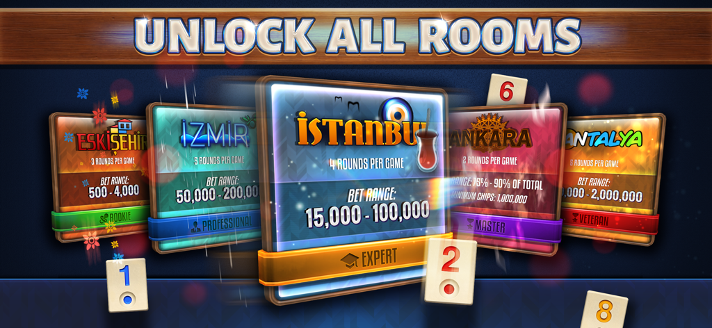 101 Okey - Tela de seleção de salas de apostas do 101 Okey apresentando temas de cidades turcas como Istambul e Izmir