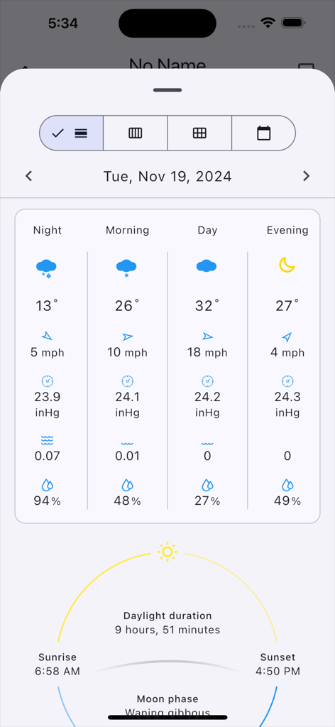 W.Weather - Interface of W.Weather app showing daily forecast segments and daylight duration details.