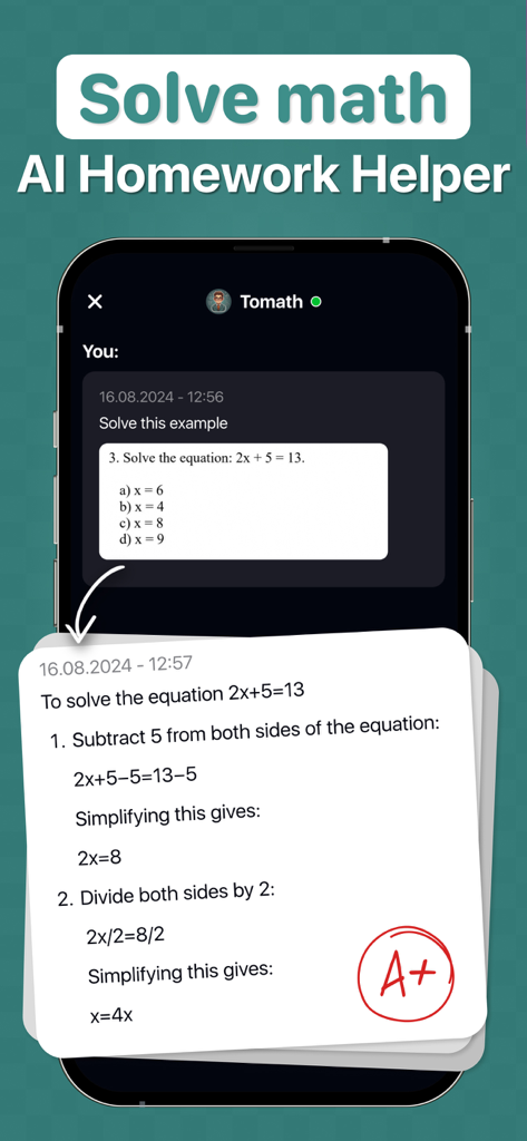 ToMath AI-App, die eine Schritt-für-Schritt-Lösung einer mathematischen Gleichung mit der Note A+ zeigt.