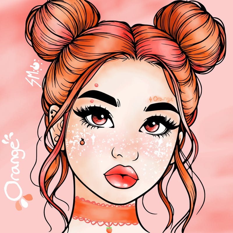realistic girl with two buns on her hair and lips