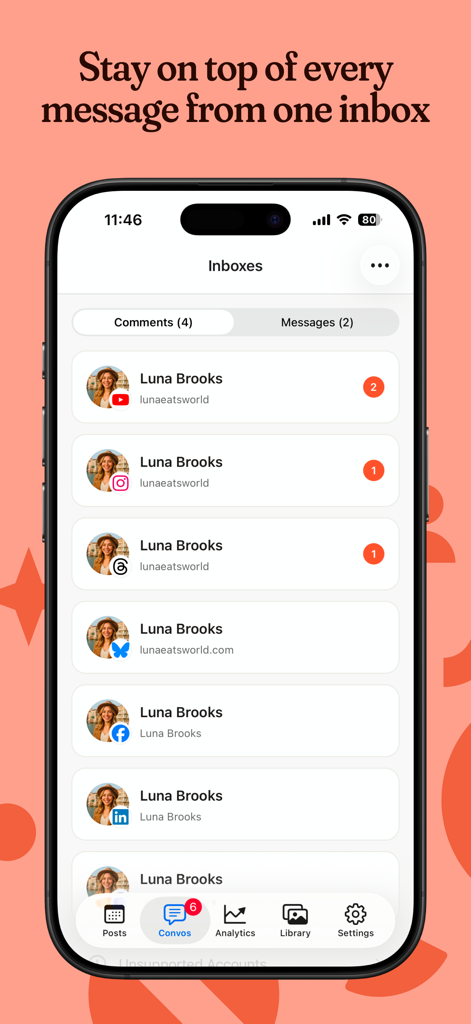 Postpone: Social Media Manager - Postpone App-Oberfläche, die eine einheitliche Inbox zur Verwaltung von Social-Media-Kommentaren und Nachrichten über mehrere Plattformen hinweg zeigt